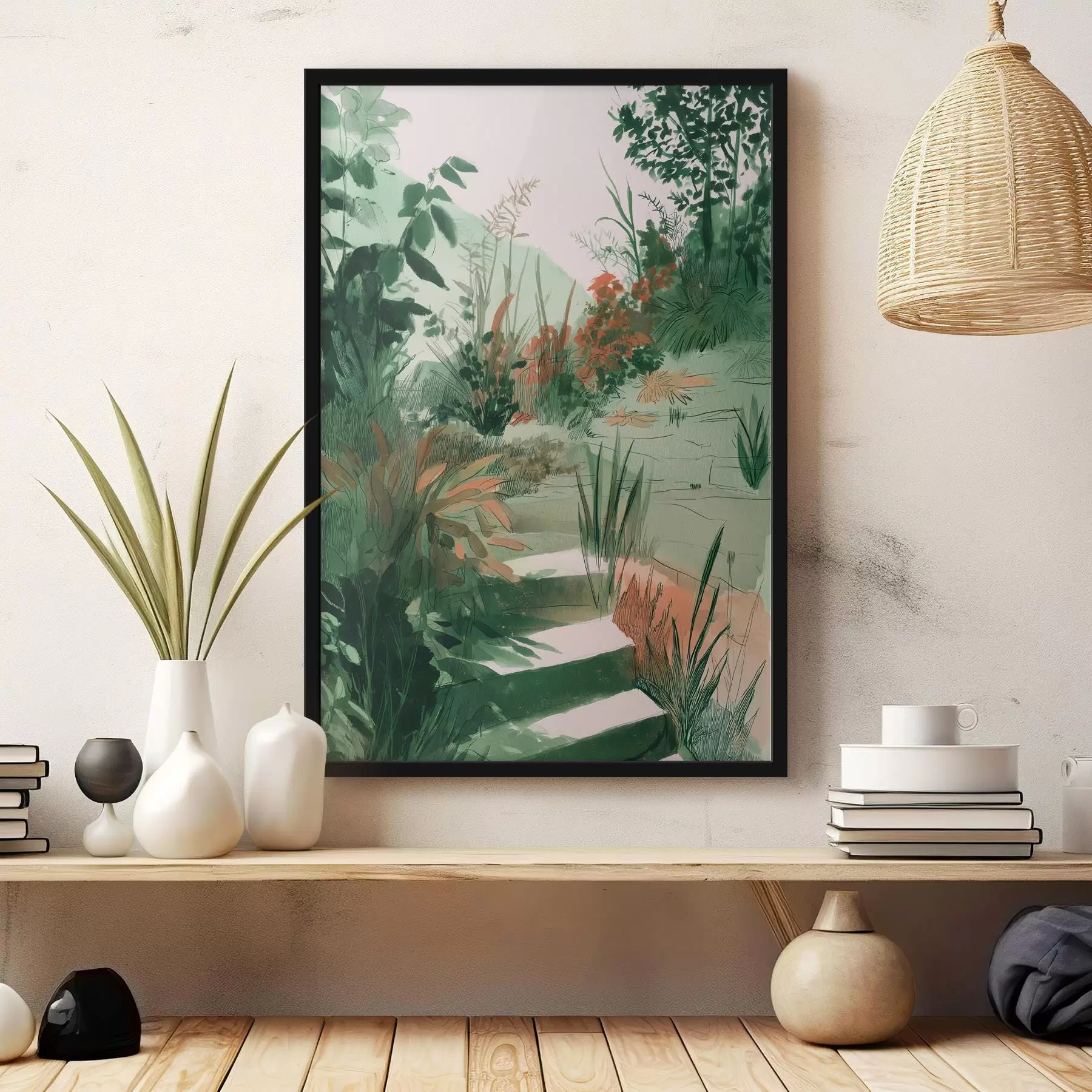  Schilderijen Oosterse tuin met struiken en bomen, groene kleuren f44982