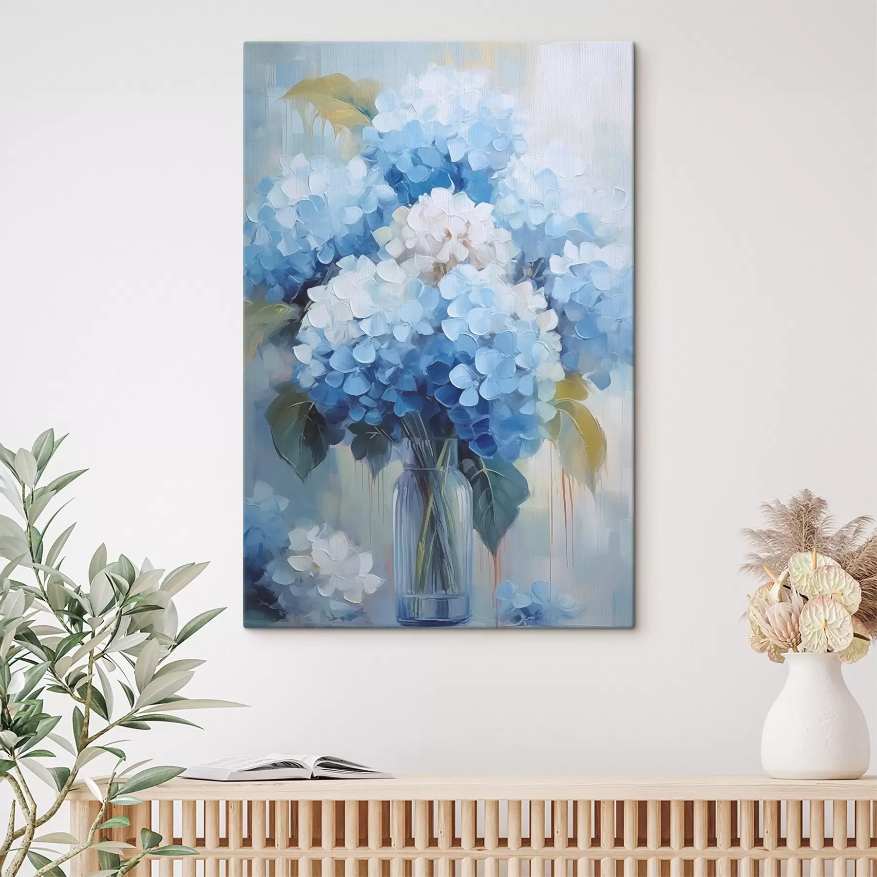  Schilderijen Boeket van blauwe hortensia in een glazen vaas s44998