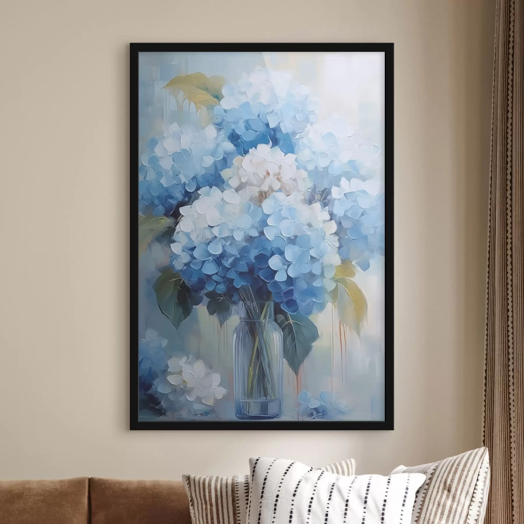 Fotobehang Boeket van blauwe hortensia in een glazen vaas f44998