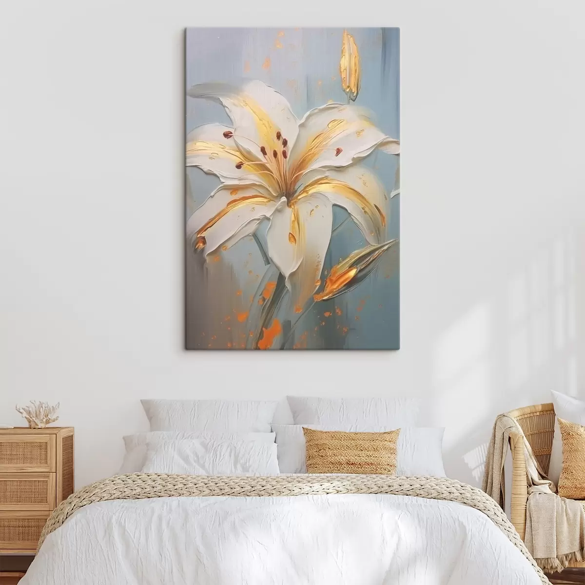  Schilderijen Witte lelie met gele strepen op blauwe achtergrond s45077