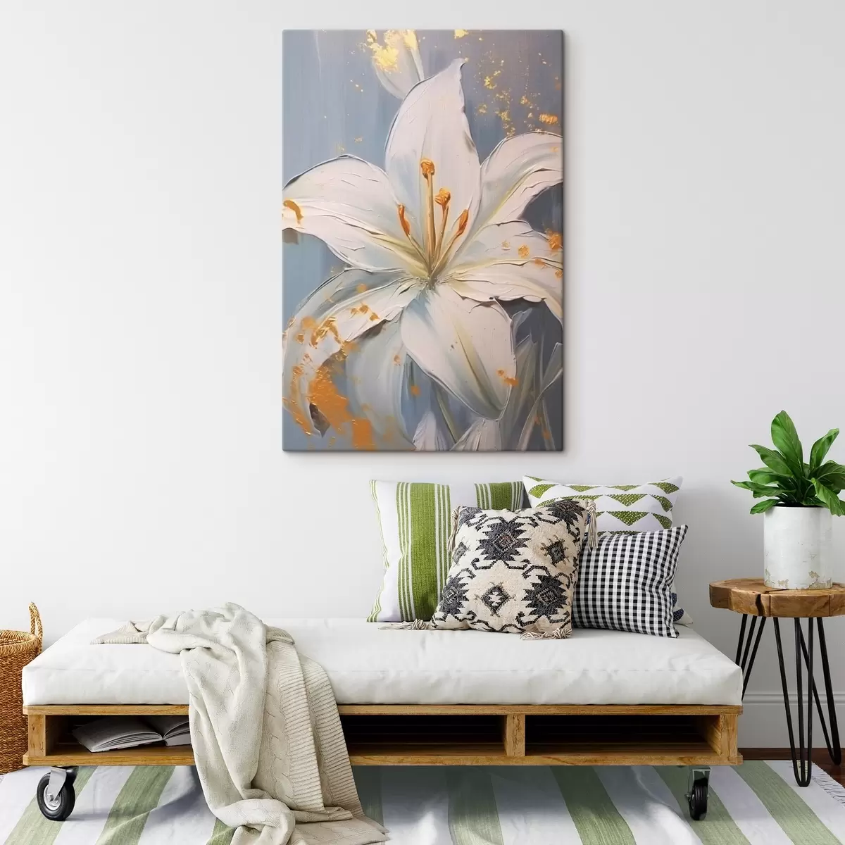  Schilderijen Witte lelie met gele accenten op blauwe achtergrond s45078