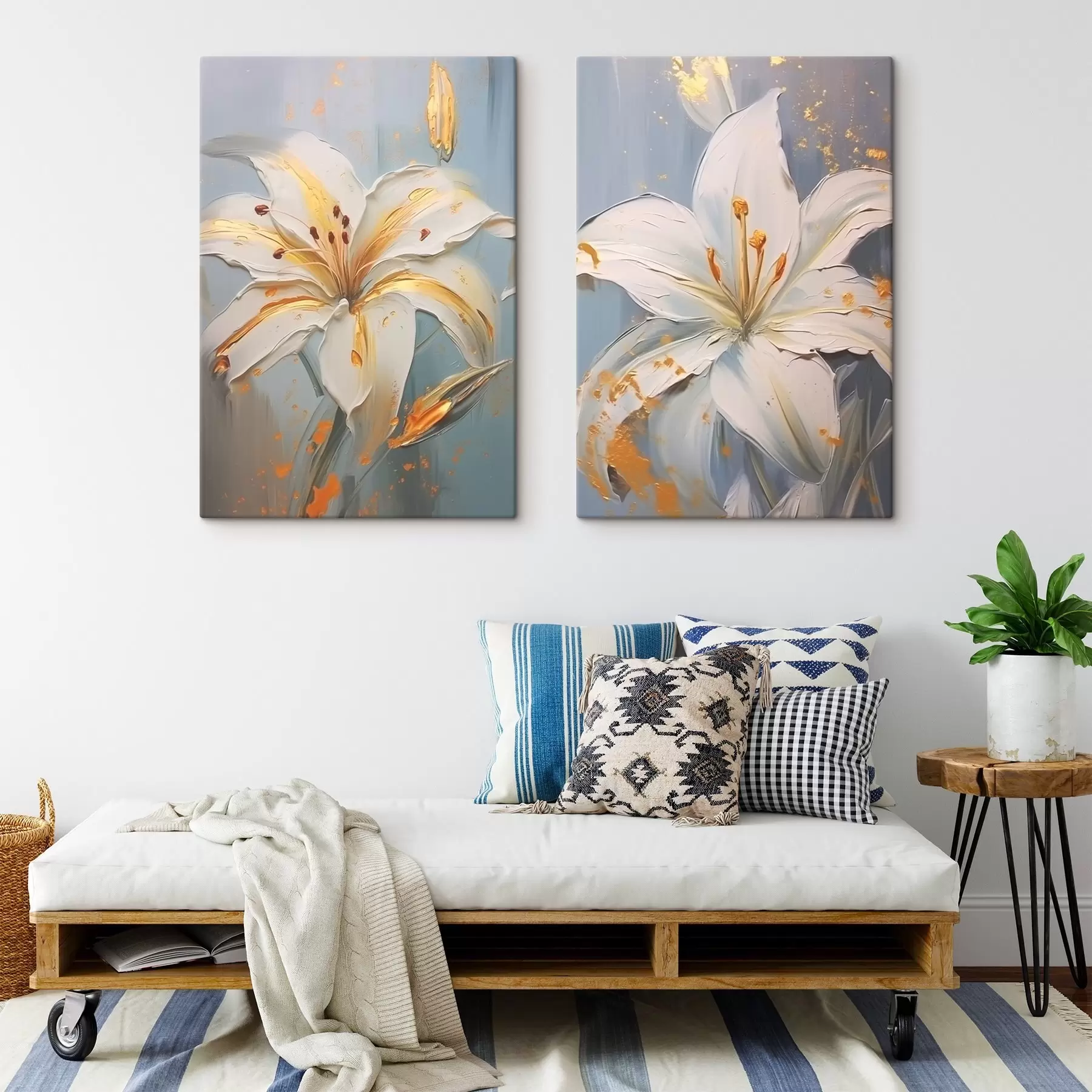  Schilderijen Witte lelies met gele strepen op een blauwe achtergrond m00497