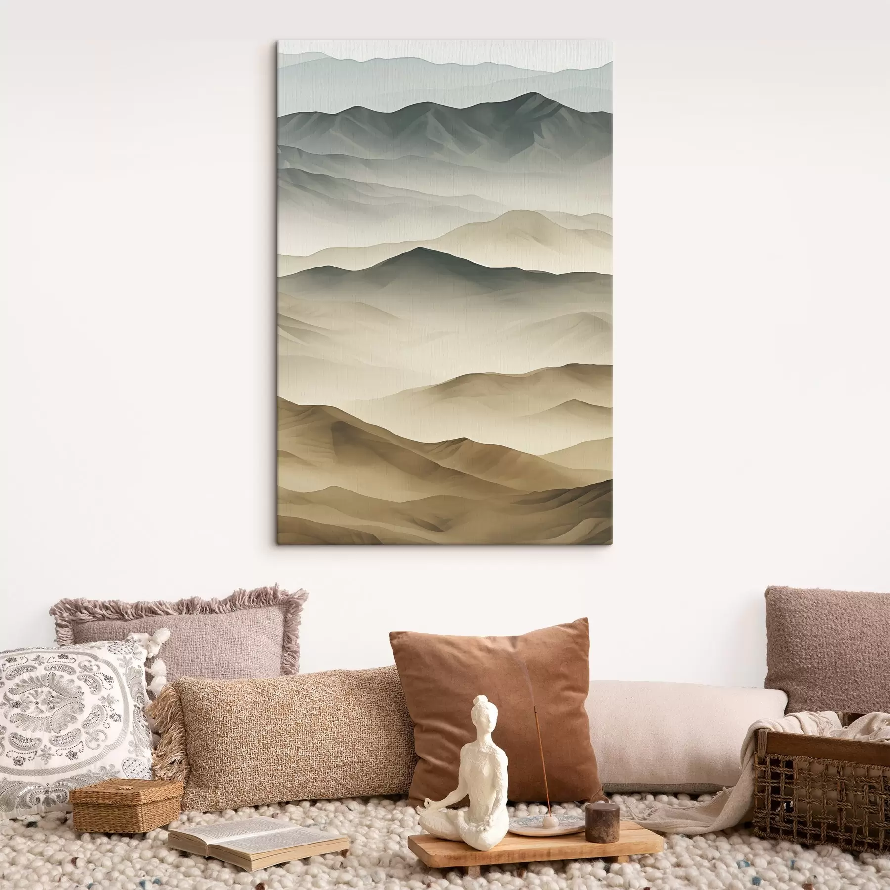  Schilderijen bergen, lagen, mist, zacht verloop, natuurlijk, beige, abstract, landschap s45095