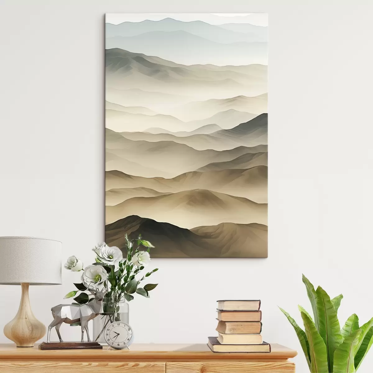  Schilderijen heuvels, mist, neutrale tinten, vloeiende lijnen, aarde, zachte randen, natuur, diepte s45096