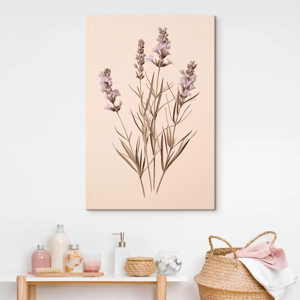  Schilderijen lavendel, botanisch, beige achtergrond, zacht paars, bladeren, bloemig, natuurlijk, stengel s45100