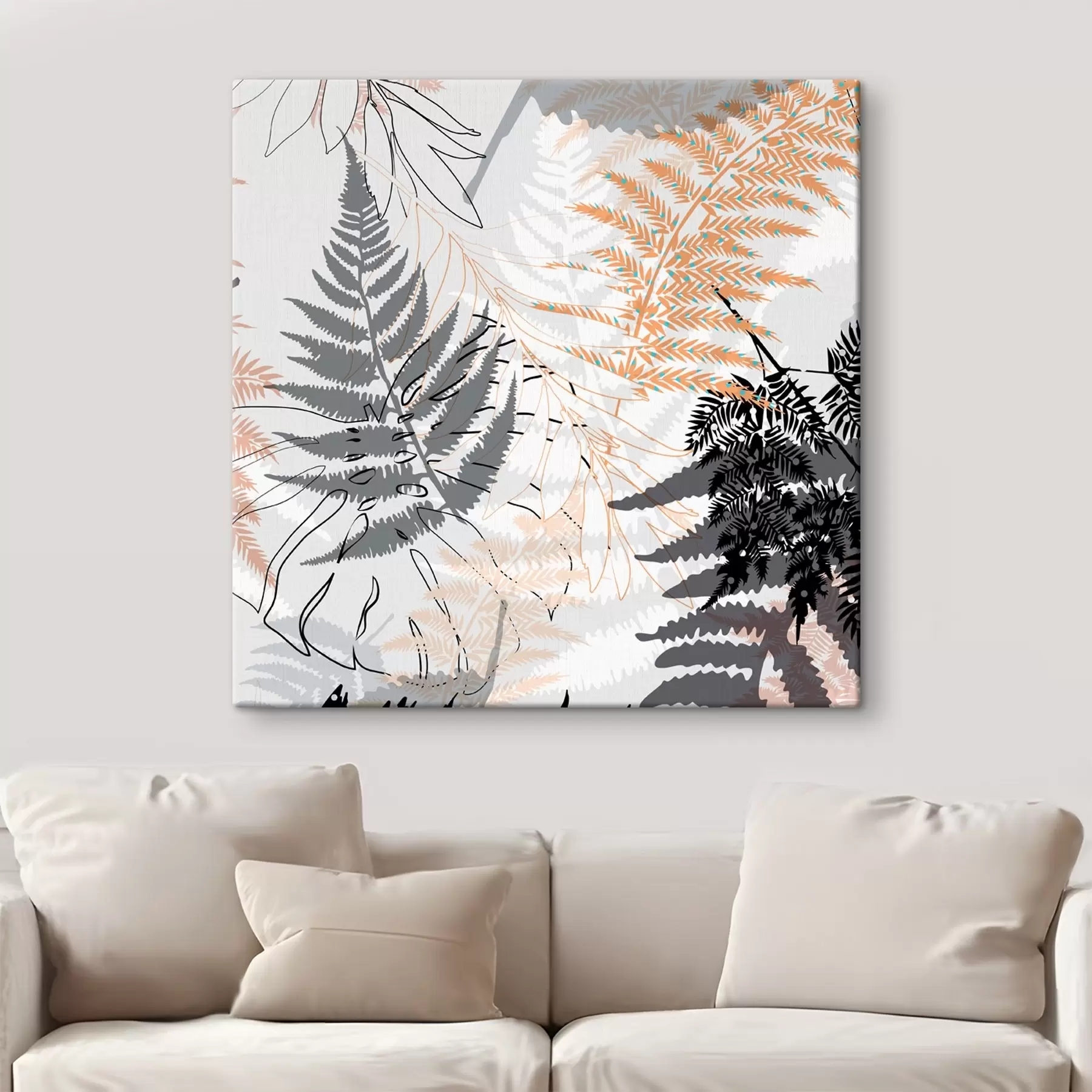  Schilderijen varen, abstracte bladeren, patroon, plat ontwerp, contrast, grijstinten, botanisch, overlay s45101
