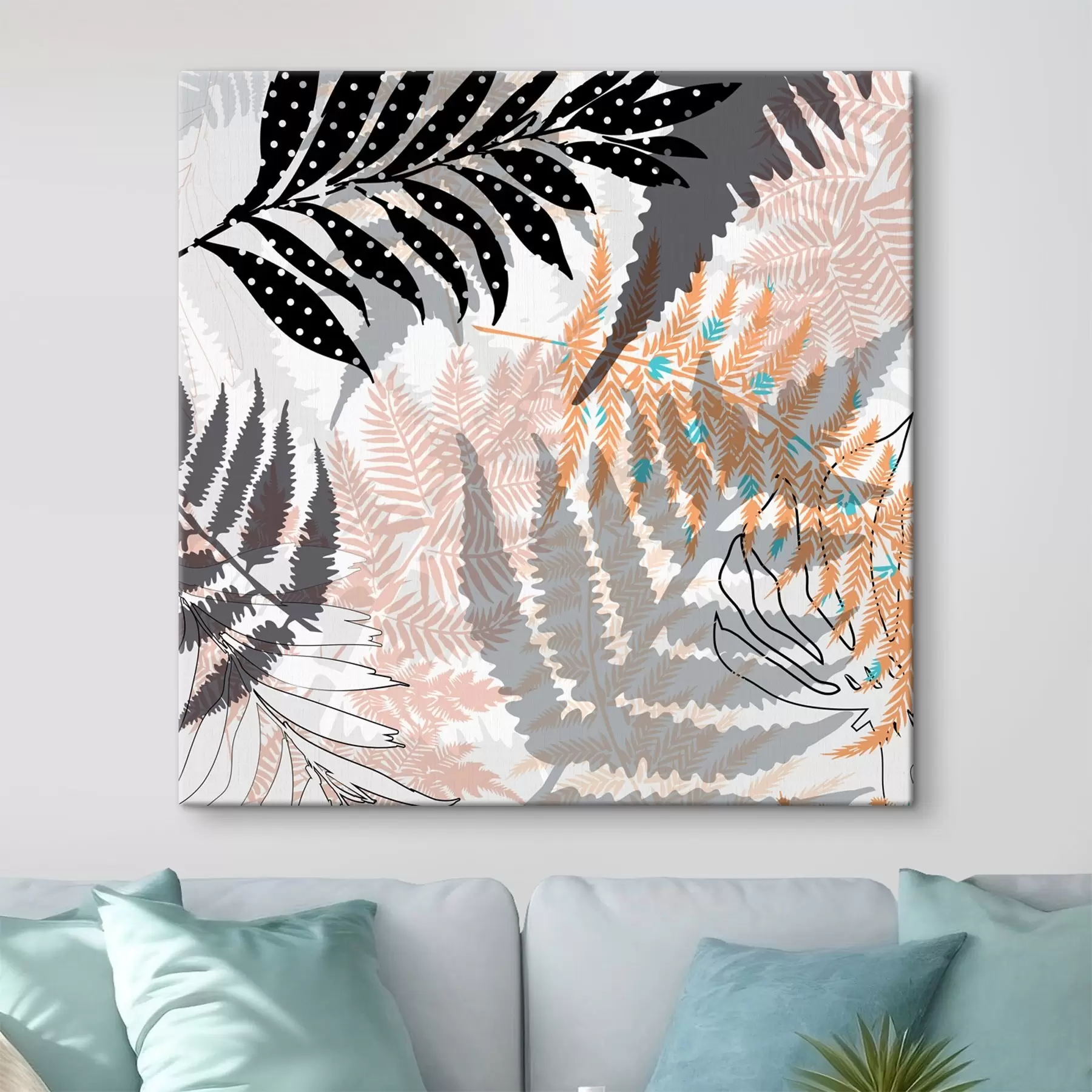  Schilderijen tropische bladeren, grafisch, textuur, beige en zwart, silhouet, eigentijds, plant s45103