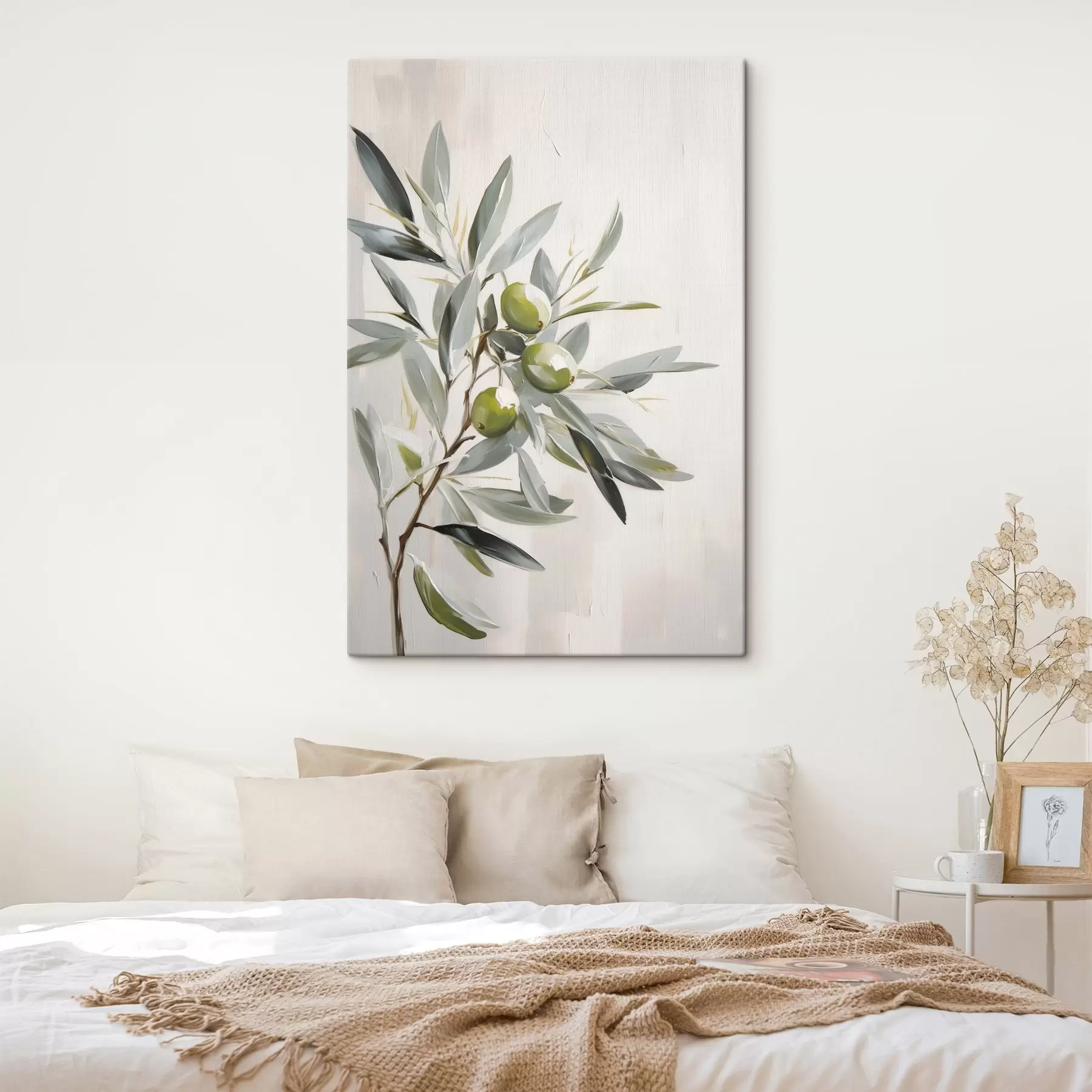 Fotobehang olijftak, groen fruit, gedempte tinten, bladeren, minimaal, natuurlijk, olieverfschilderij, botanisch s45109