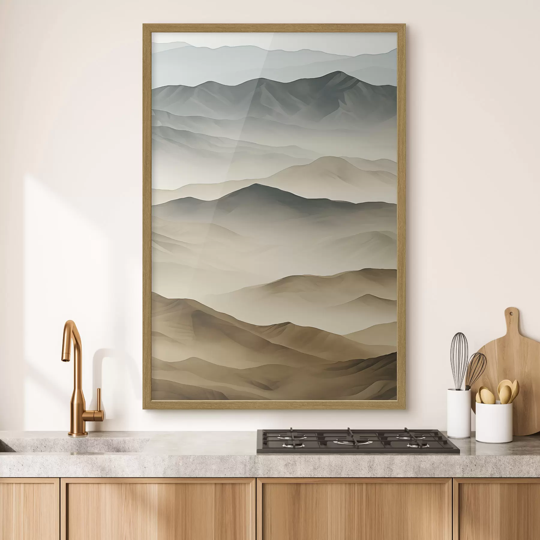 Fotobehang bergen, lagen, mist, zacht verloop, natuurlijk, beige, abstract, landschap f45095