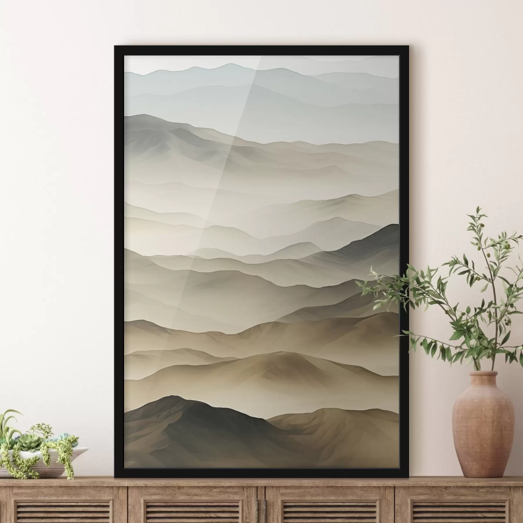 Fotobehang heuvels, mist, neutrale tinten, vloeiende lijnen, aarde, zachte randen, natuur, diepte f45096