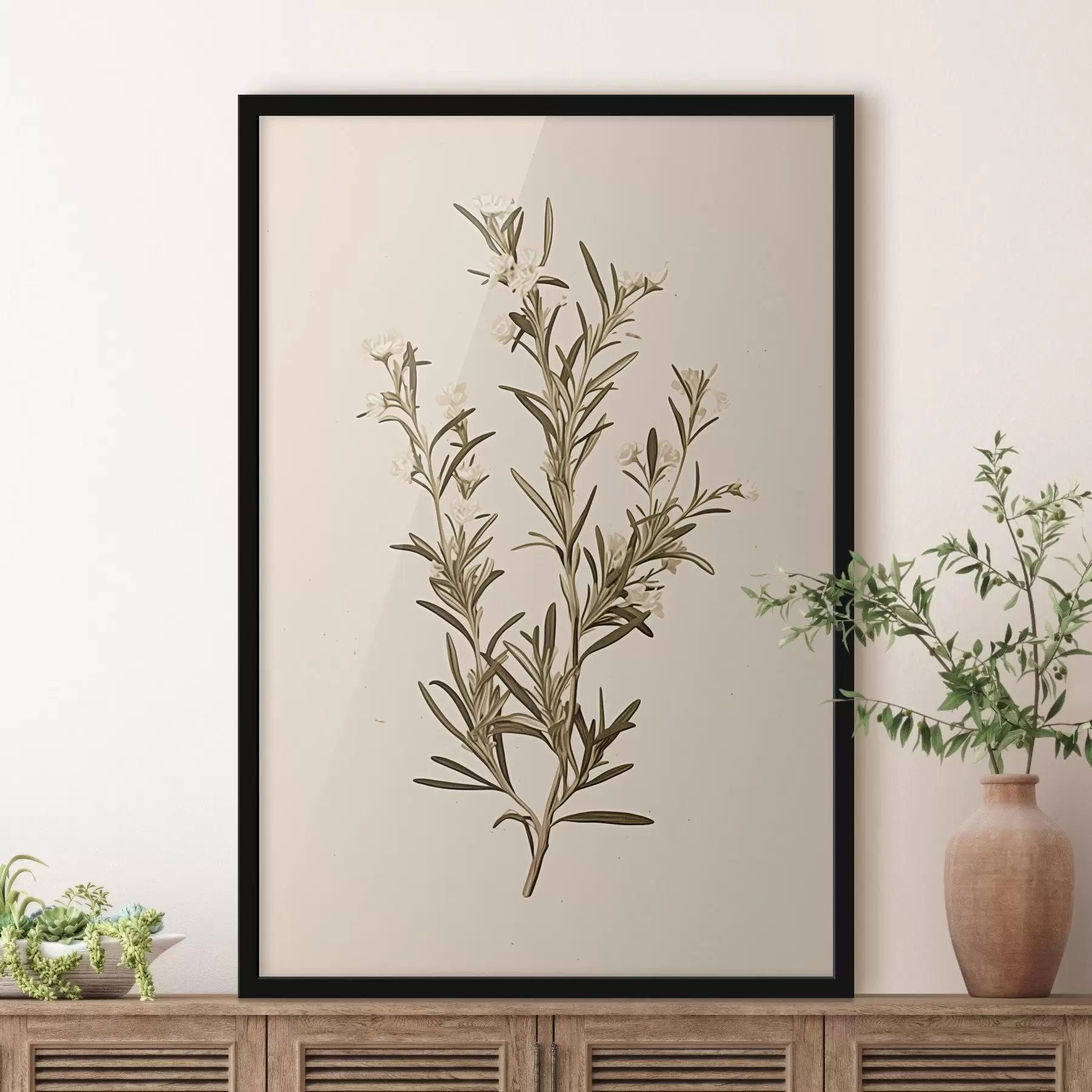 Fotobehang botanisch, tak, beige achtergrond, kruid, minimaal, plant, groene bladeren, stengel f45098