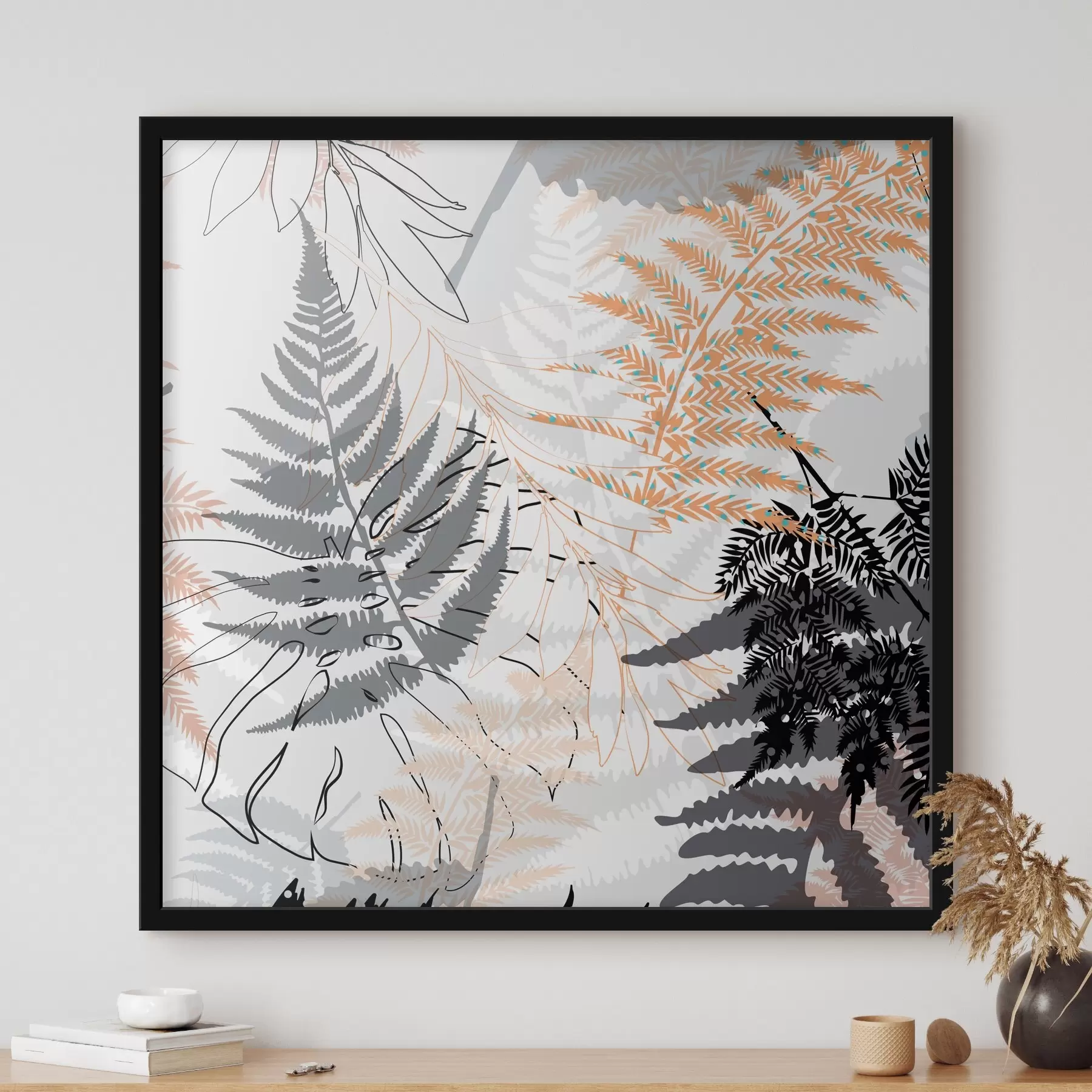 Fotobehang varen, abstracte bladeren, patroon, plat ontwerp, contrast, grijstinten, botanisch, overlay f45101