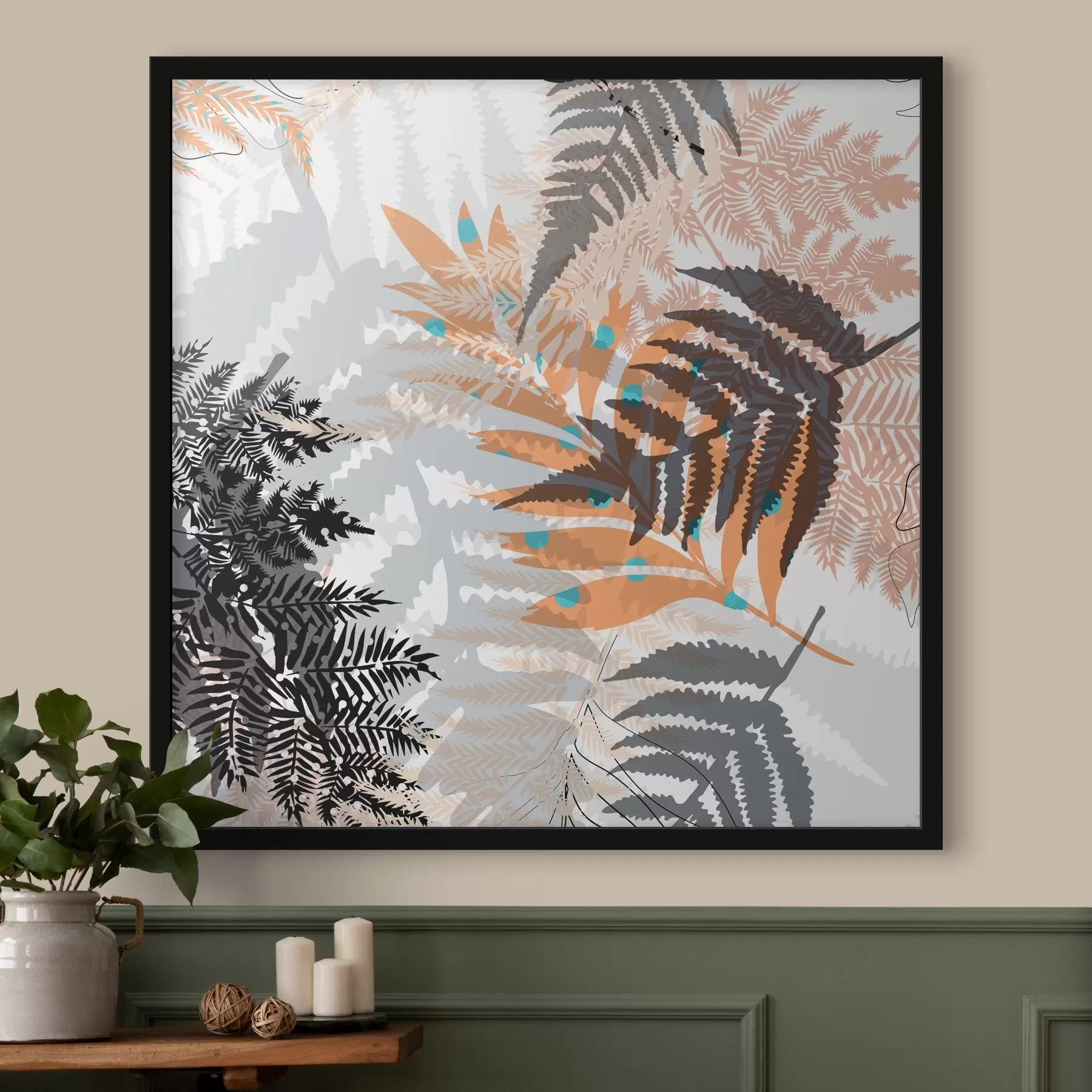 Fotobehang jungle gebladerte, moderne stijl, lijntekeningen, gelaagde planten, gedempte kleuren, natuur f45102