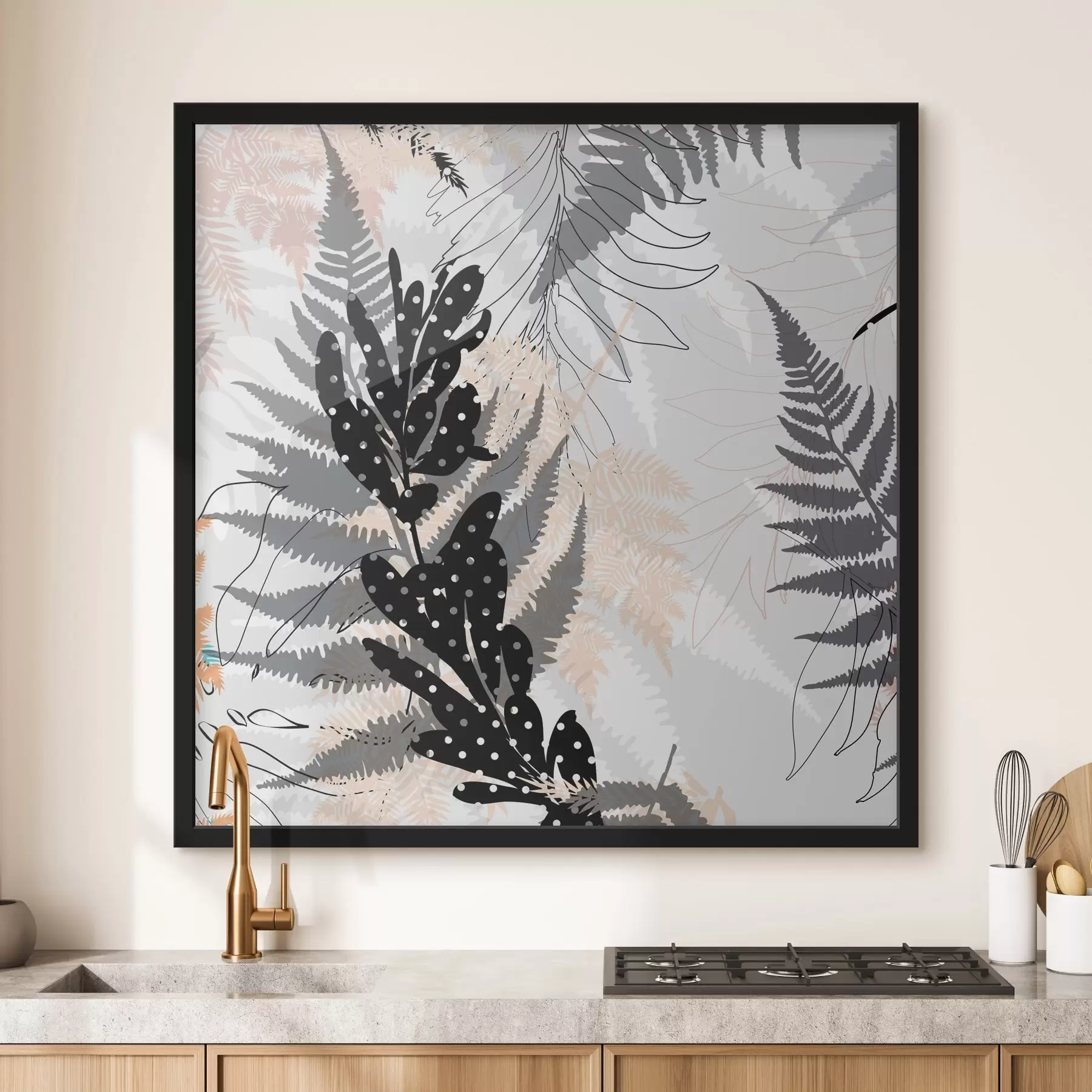 Fotobehang natuurprint, decoratief gebladerte, jungle mix, varenvormen, neutraal palet, bladkunst f45104