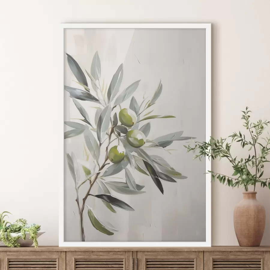 Fotobehang olijftak, groen fruit, gedempte tinten, bladeren, minimaal, natuurlijk, olieverfschilderij, botanisch f45109