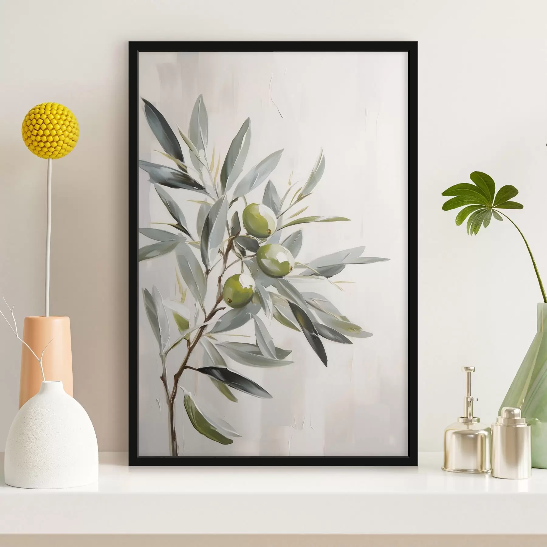 Fotobehang olijftak, groen fruit, gedempte tinten, bladeren, minimaal, natuurlijk, olieverfschilderij, botanisch f45109