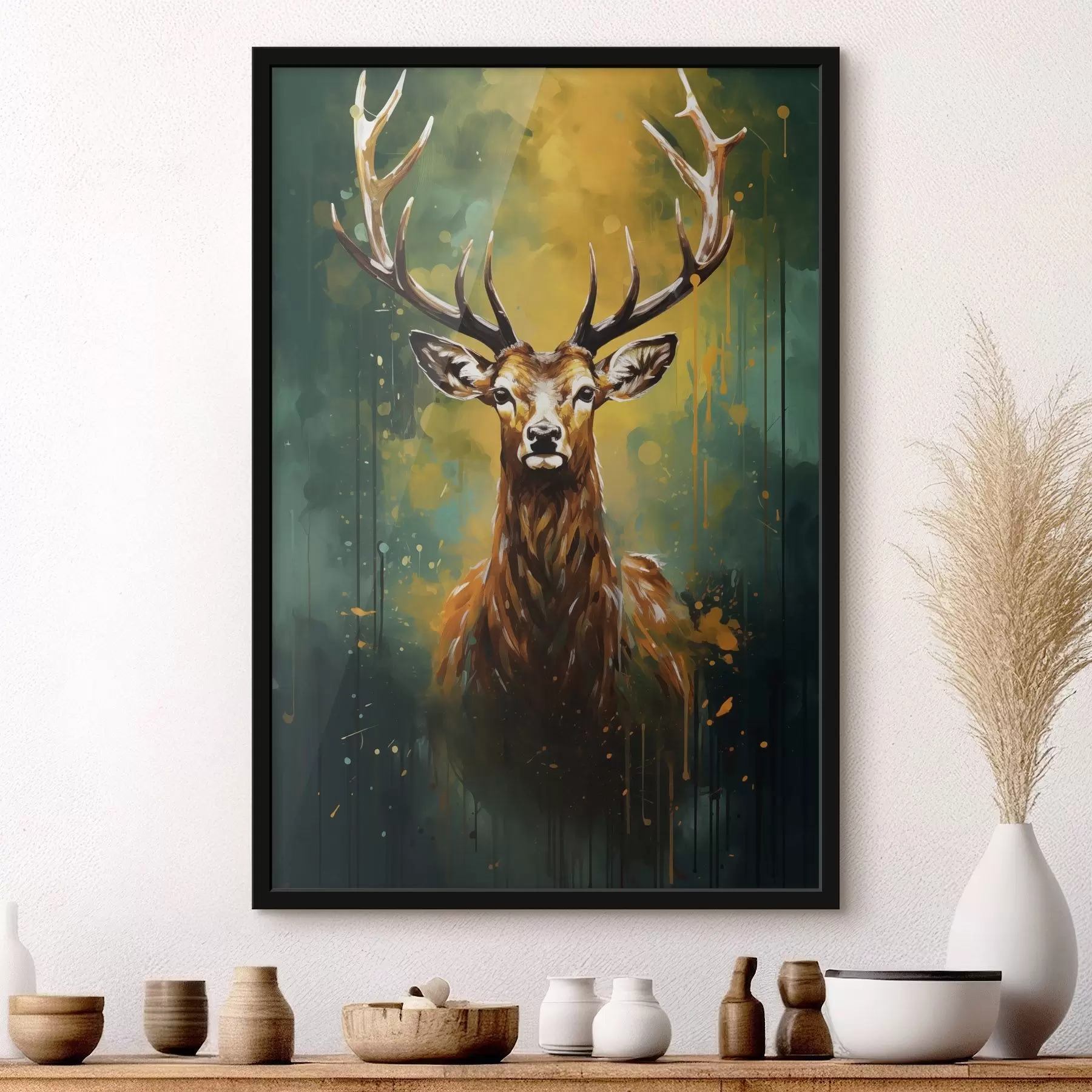 Fotobehang hert, gewei, bosgroen, oranje spetter, dierenportret, verfdruppel, vet, wilde dieren f45111