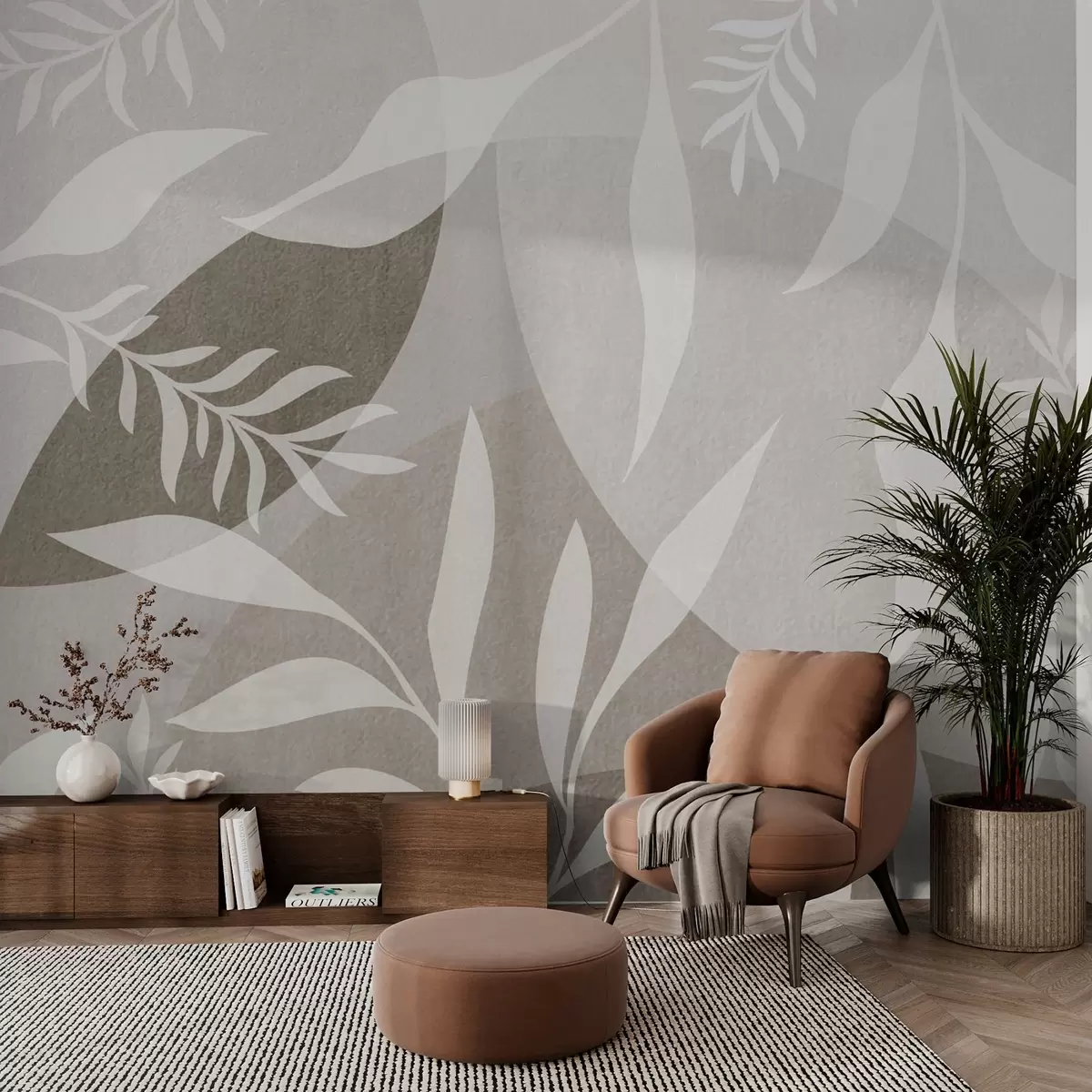 Fotobehang Silhouetten van takjes tegen een achtergrond van abstracte cirkels w04270v1