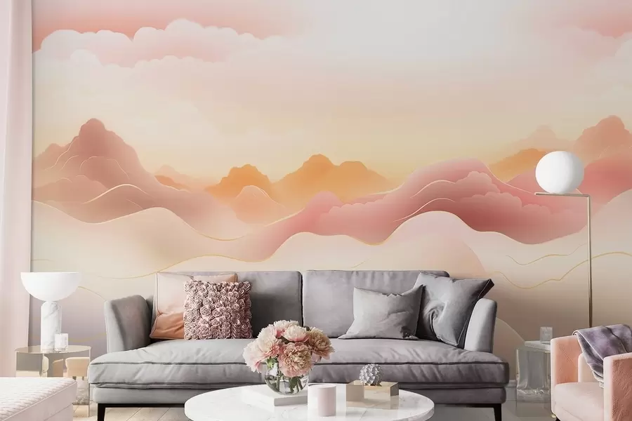 Fotobehang Nevelige bergen onder een warme zonsopgang w09242