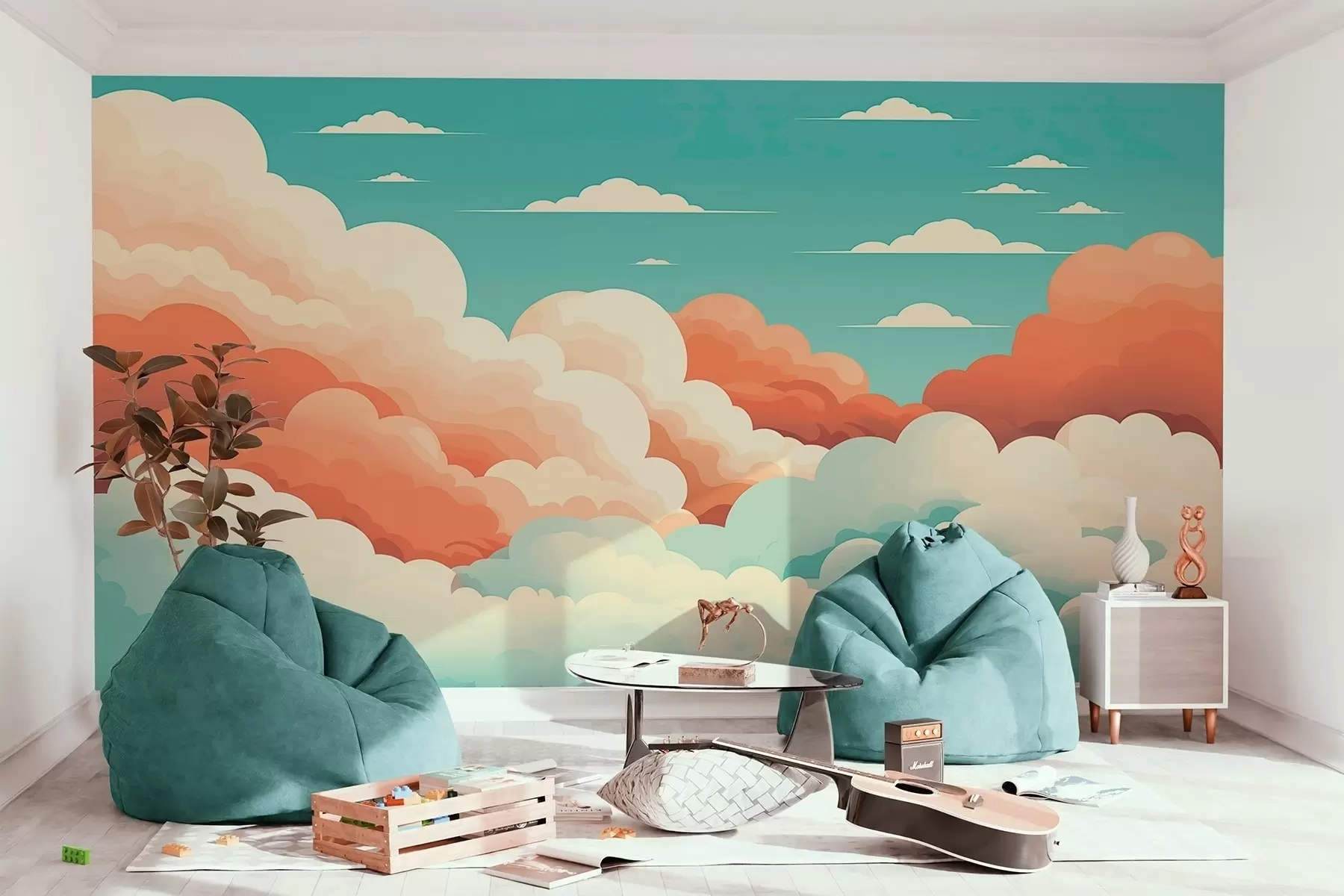 Fotobehang Grillige cartoonachtige wolken onder een blauwe hemel w09246