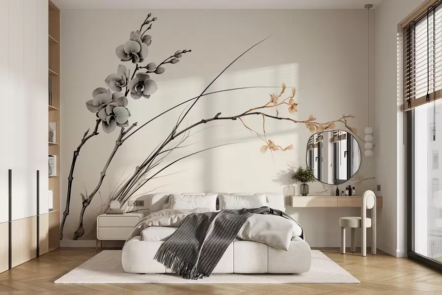 Fotobehang Minimalistische orchideeëntak in zachte sepia- en grijstinten w09250