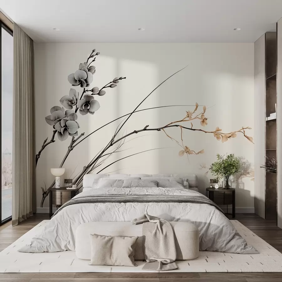 Fotobehang Minimalistische orchideeëntak in zachte sepia- en grijstinten w09250