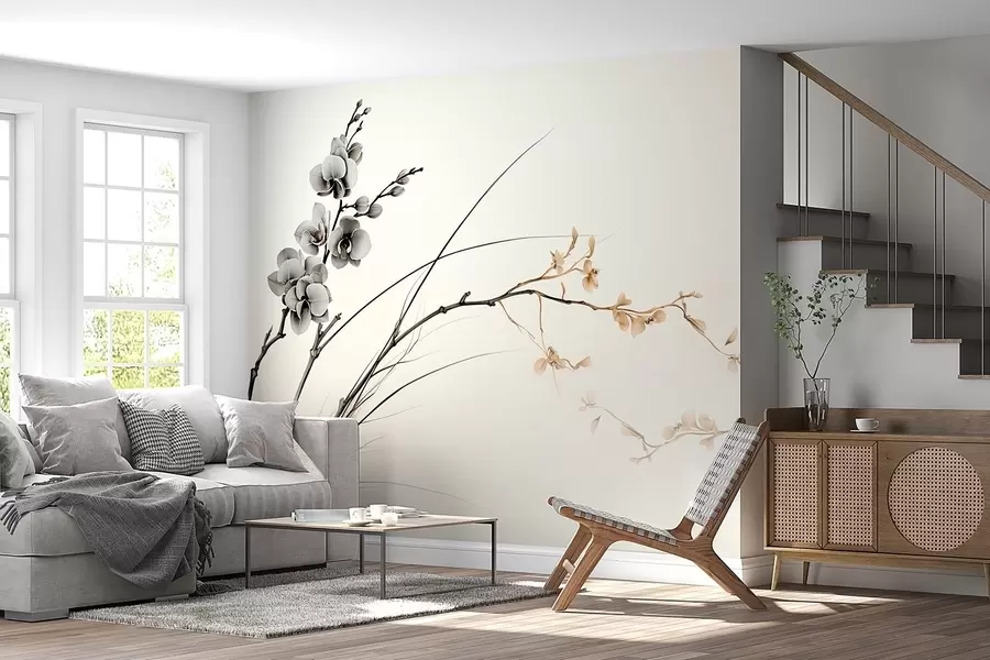 Fotobehang Minimalistische orchideeëntak in zachte sepia- en grijstinten w09250
