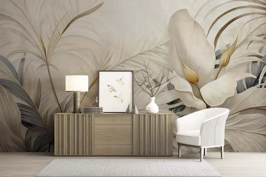 Fotobehang Tropische planten op een betonnen muur w04249