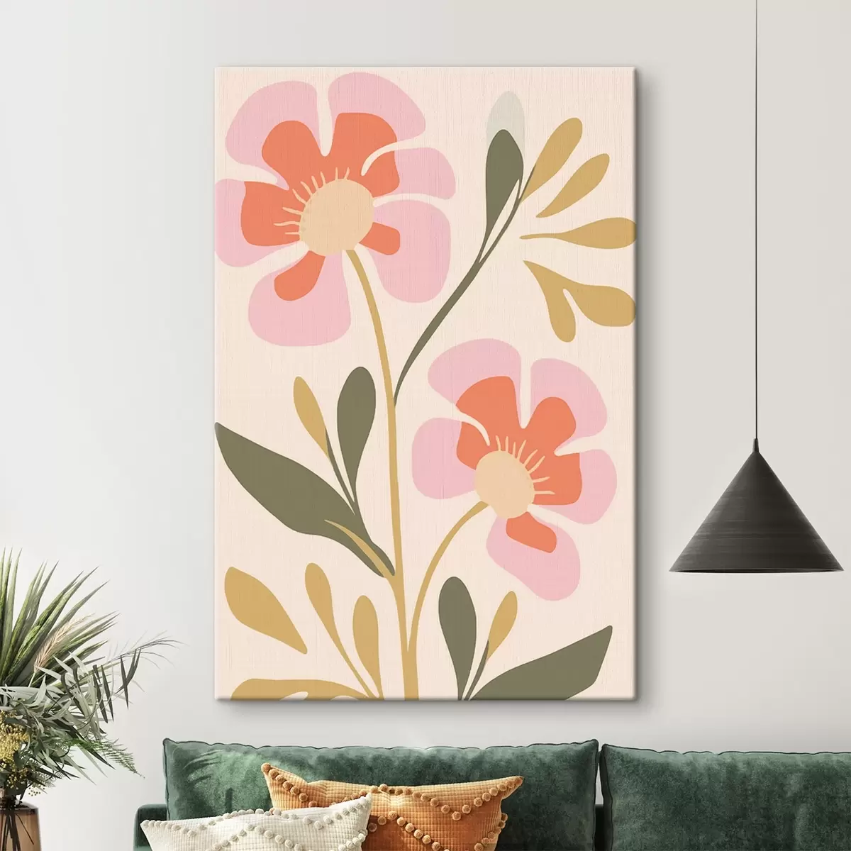  Schilderijen Gestileerde roze en oranje bloemen met groene bladeren s45140