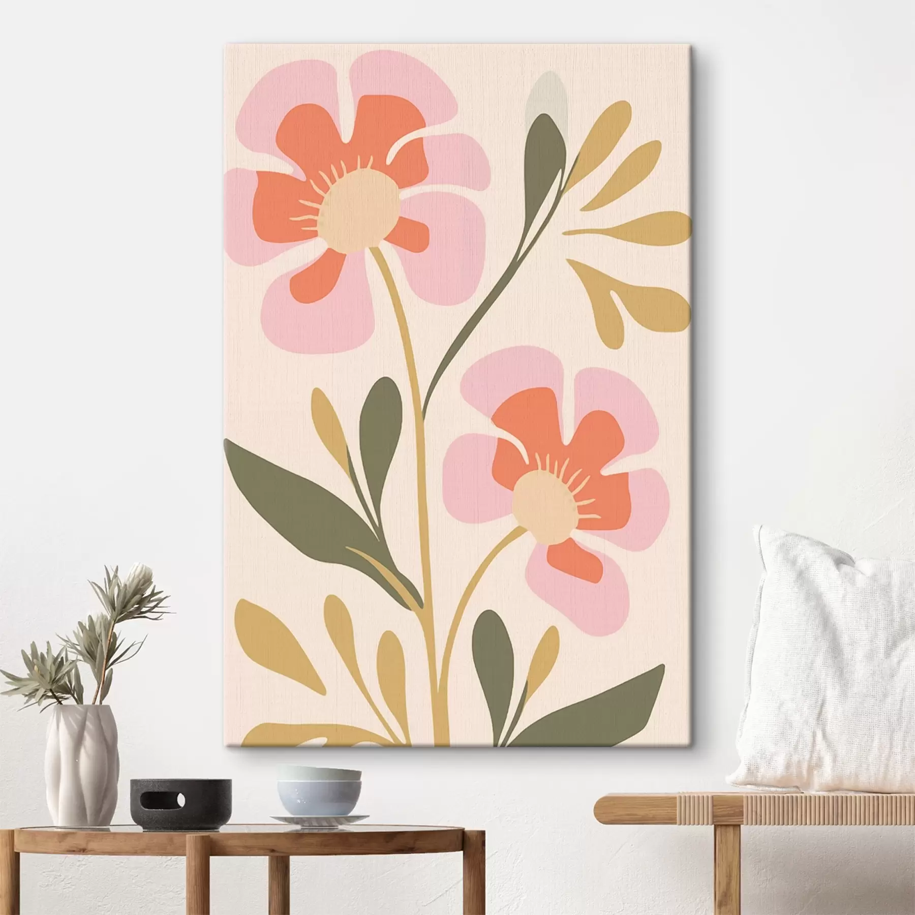  Schilderijen Gestileerde roze en oranje bloemen met groene bladeren s45140