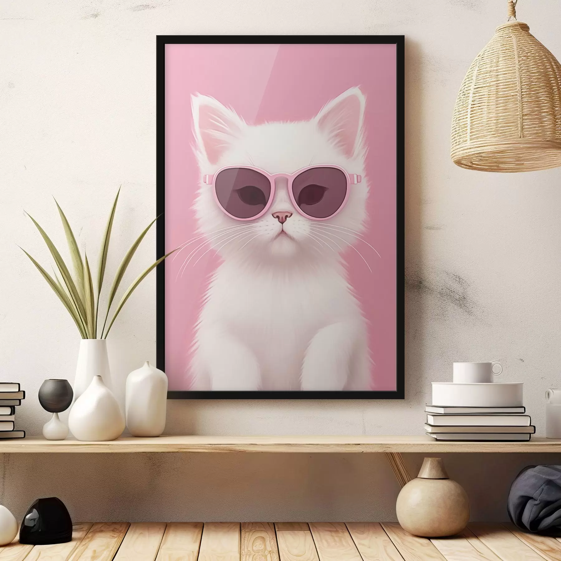 Fotobehang Witte kat met roze bril f45145