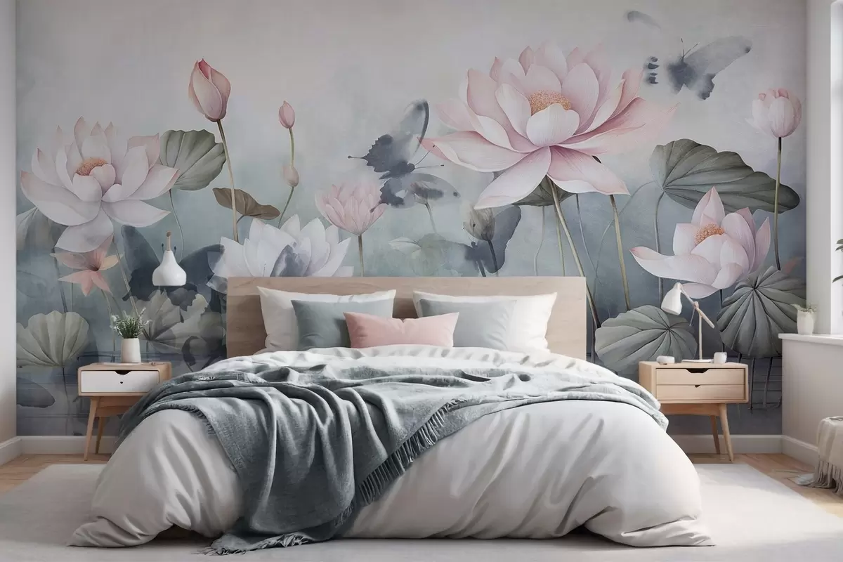 Fotobehang Lotus getextureerde bloemen met roze pastel bloemblaadjes, groene bladeren, water reflectie, zachte pastelkleuren , aquarel effect w09254