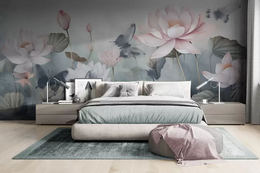 Fotobehang Lotus getextureerde bloemen met roze pastel bloemblaadjes, groene bladeren, water reflectie, zachte pastelkleuren , aquarel effect w09254