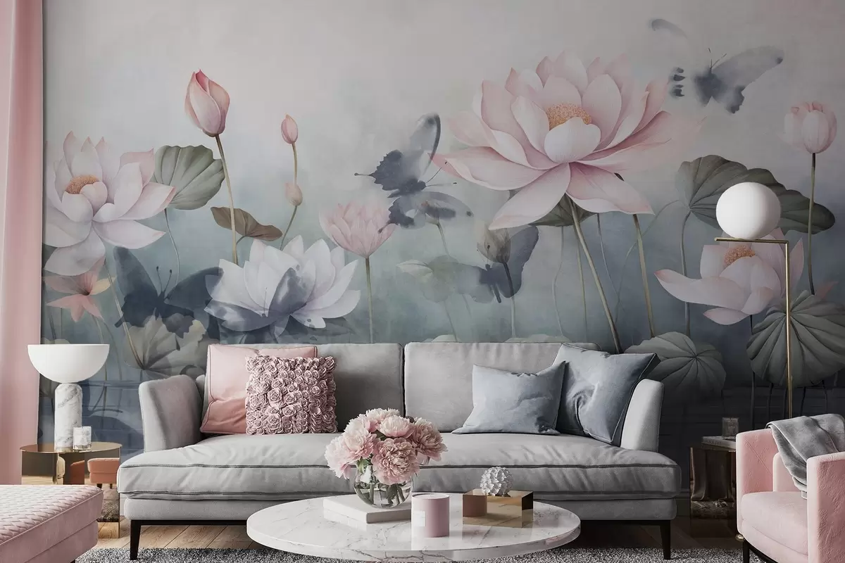 Fotobehang Lotus getextureerde bloemen met roze pastel bloemblaadjes, groene bladeren, water reflectie, zachte pastelkleuren , aquarel effect w09254