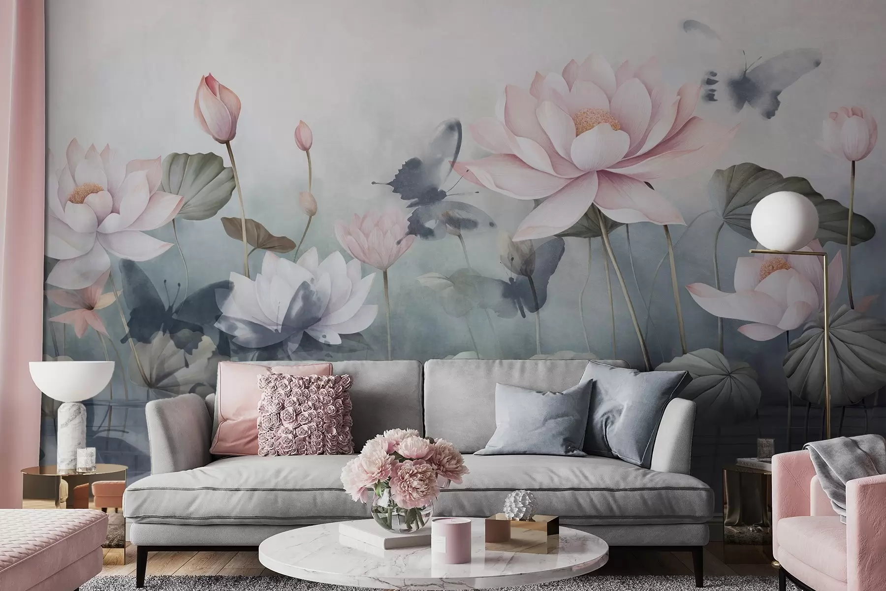 Fotobehang Lotus getextureerde bloemen met roze pastel bloemblaadjes, groene bladeren, water reflectie, zachte pastelkleuren , aquarel effect w09254