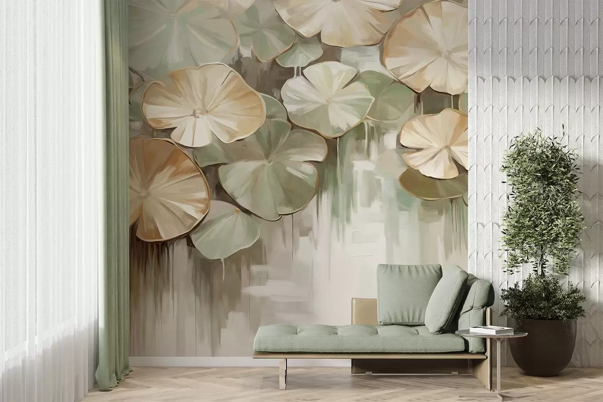 Fotobehang Gestructureerde leliebladzolen met groene en beige kleuren in een vijver, de achtergrond is een wazige mix van wit, groen en bruin w09255