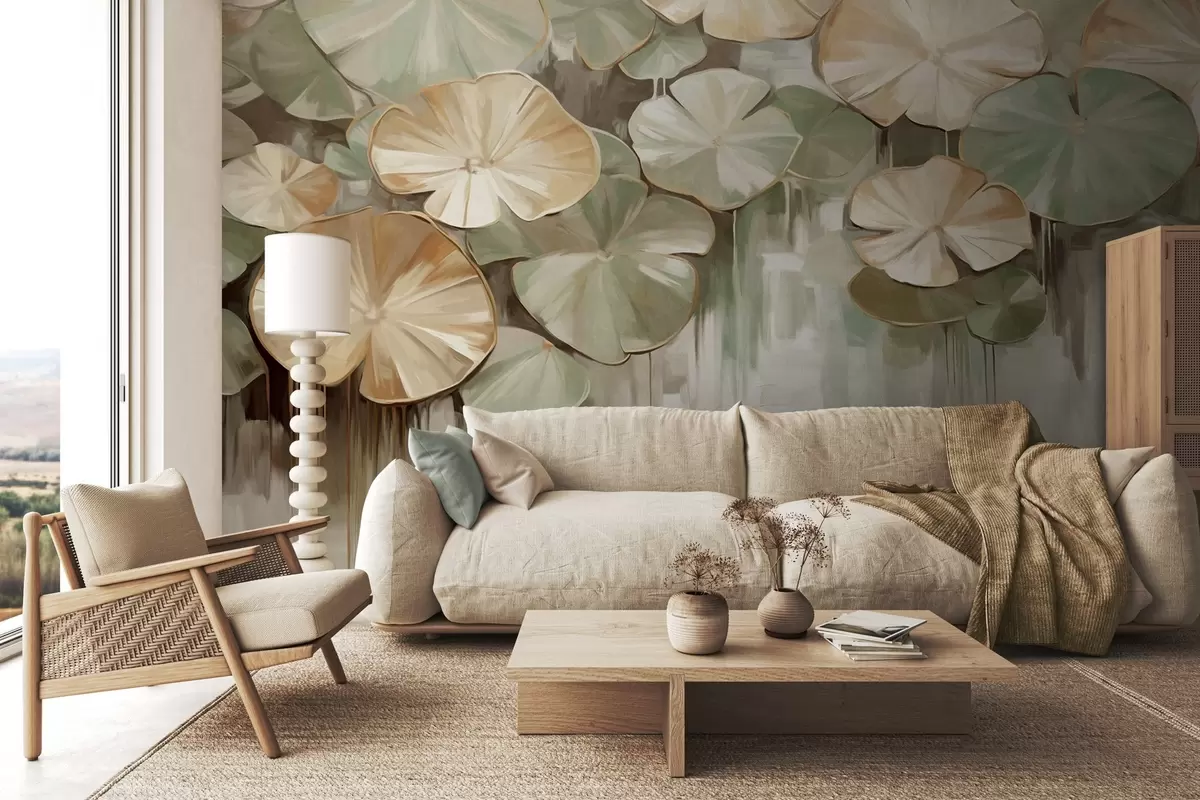 Fotobehang Gestructureerde leliebladzolen met groene en beige kleuren in een vijver, de achtergrond is een wazige mix van wit, groen en bruin w09255