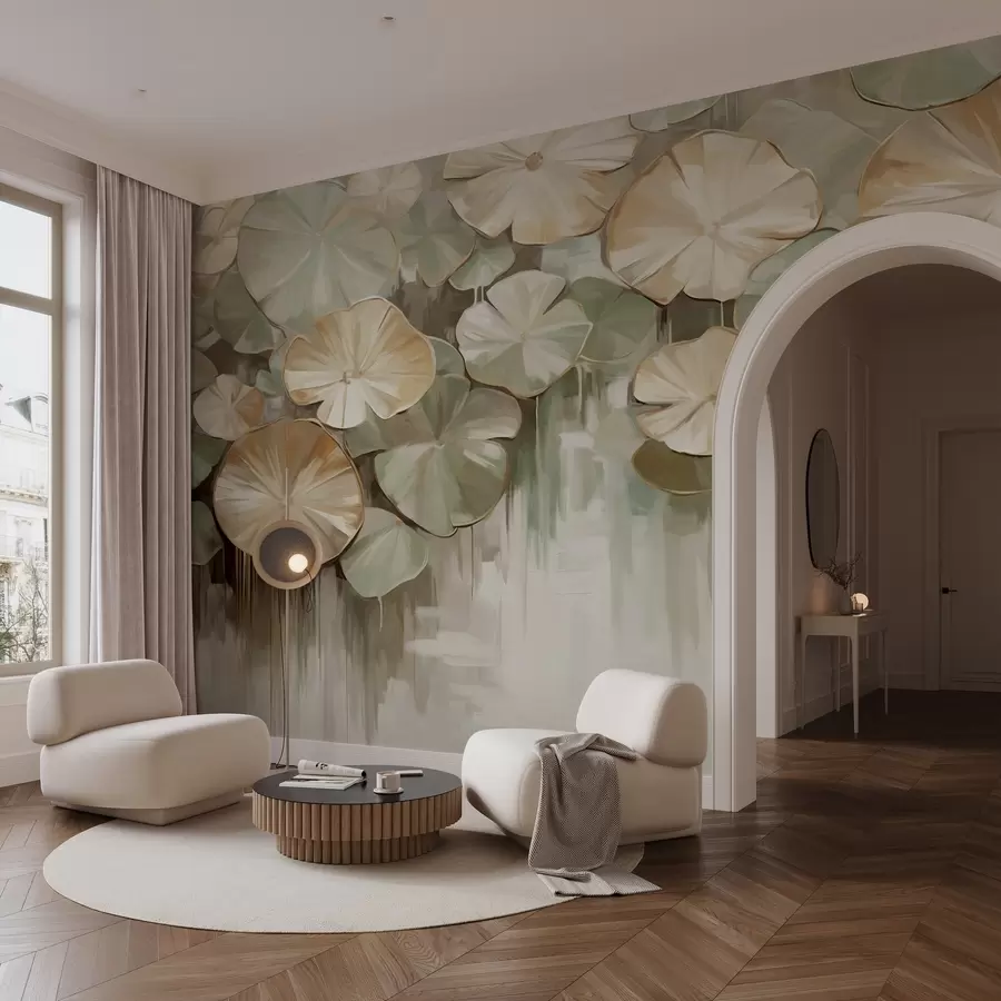 Fotobehang Gestructureerde leliebladzolen met groene en beige kleuren in een vijver, de achtergrond is een wazige mix van wit, groen en bruin w09255
