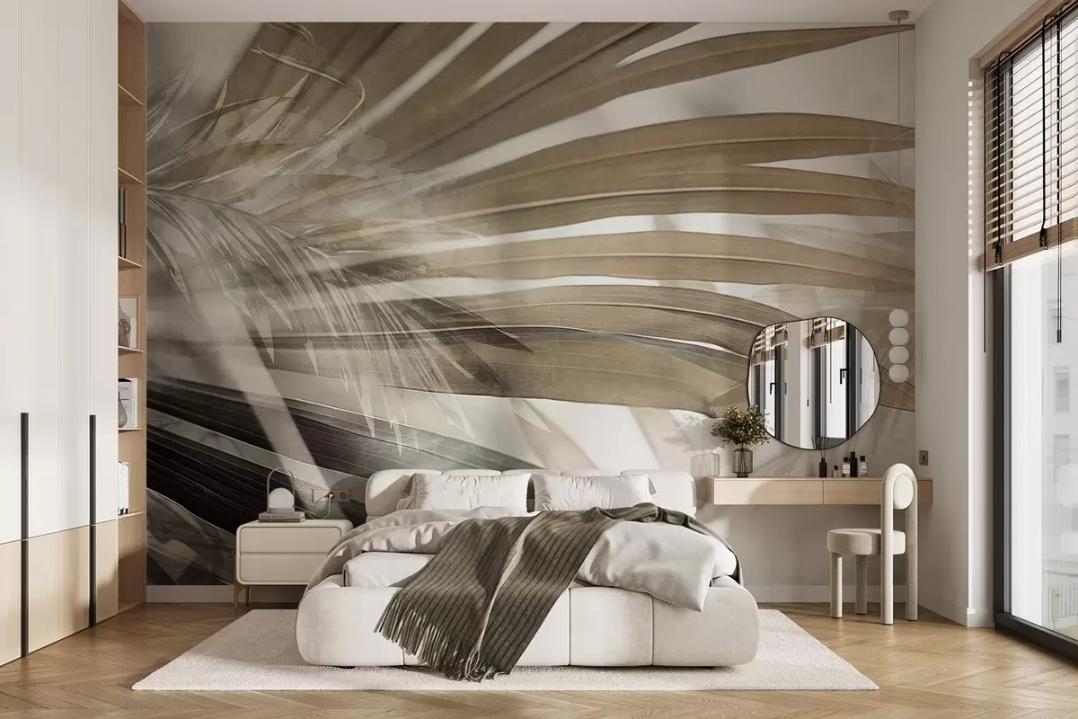 Fotobehang Palmbladeren met een lichtbruine tint, die elkaar overlappen en een gelaagd effect creëren, tegen een zachte, neutrale achtergrond w09256