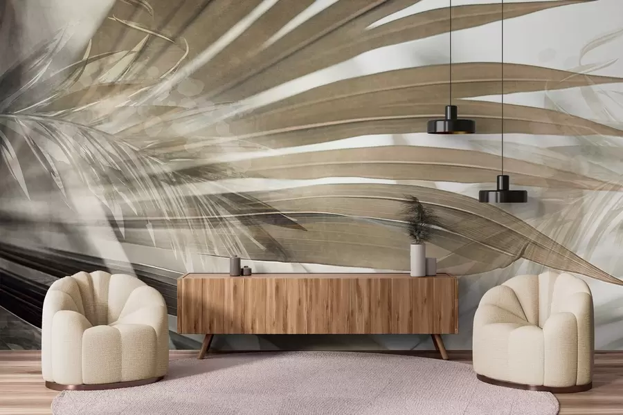 Fotobehang Palmbladeren met een lichtbruine tint, die elkaar overlappen en een gelaagd effect creëren, tegen een zachte, neutrale achtergrond w09256