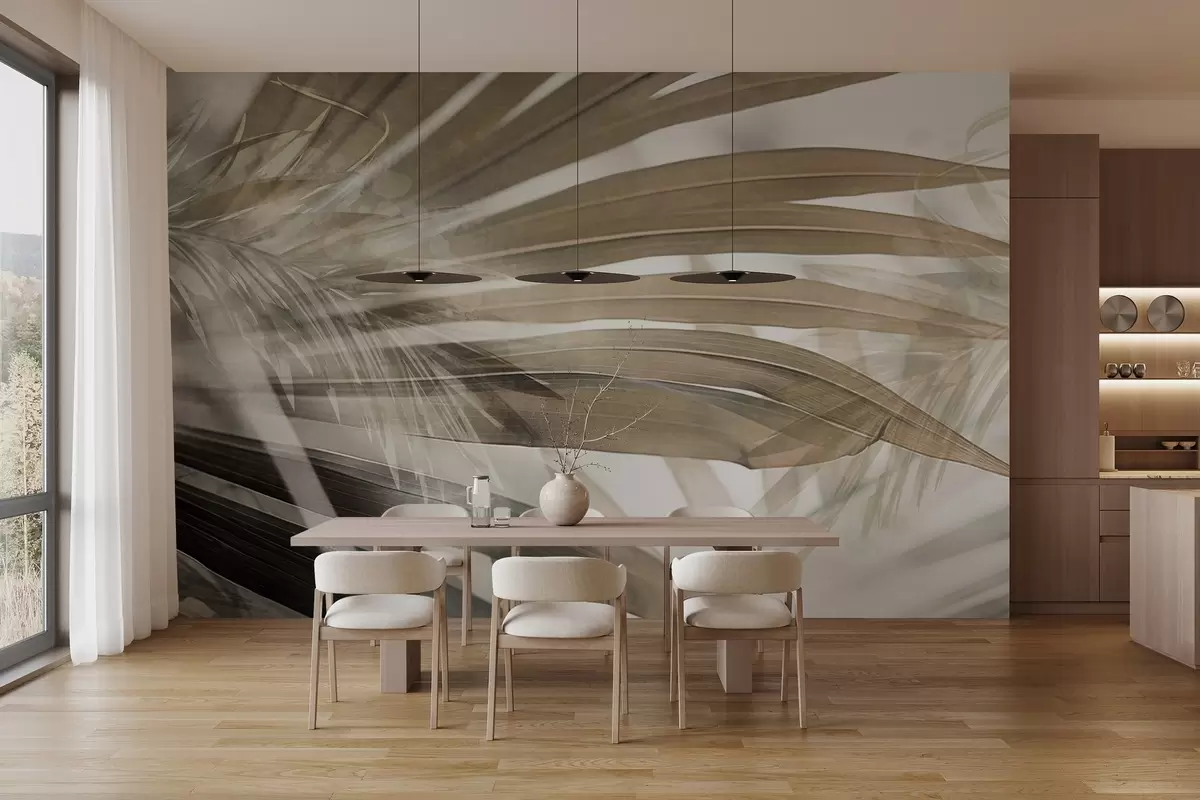 Fotobehang Palmbladeren met een lichtbruine tint, die elkaar overlappen en een gelaagd effect creëren, tegen een zachte, neutrale achtergrond w09256
