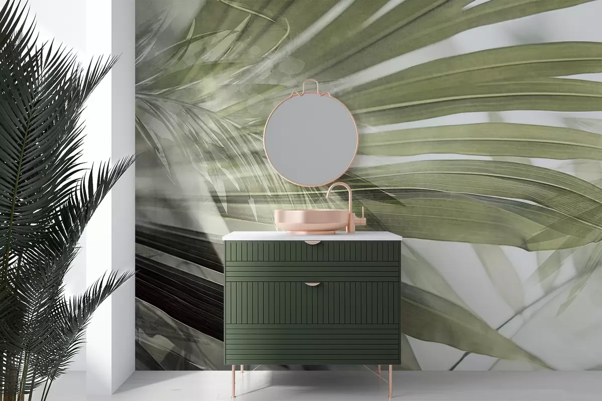 Fotobehang Palmbladeren met een lichtgroene tint, die elkaar overlappen en een gelaagd effect creëren, tegen een zachte, neutrale achtergrond w09256v1