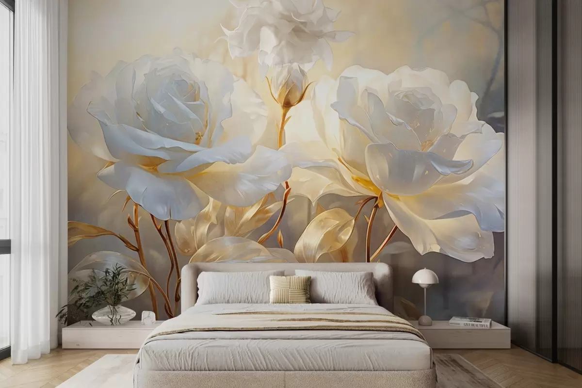 Fotobehang Witte gestructureerde rozen met gele stelen en bladeren, zachte verlichting, lichte achtergrond met onscherpe bloemvormen w09258