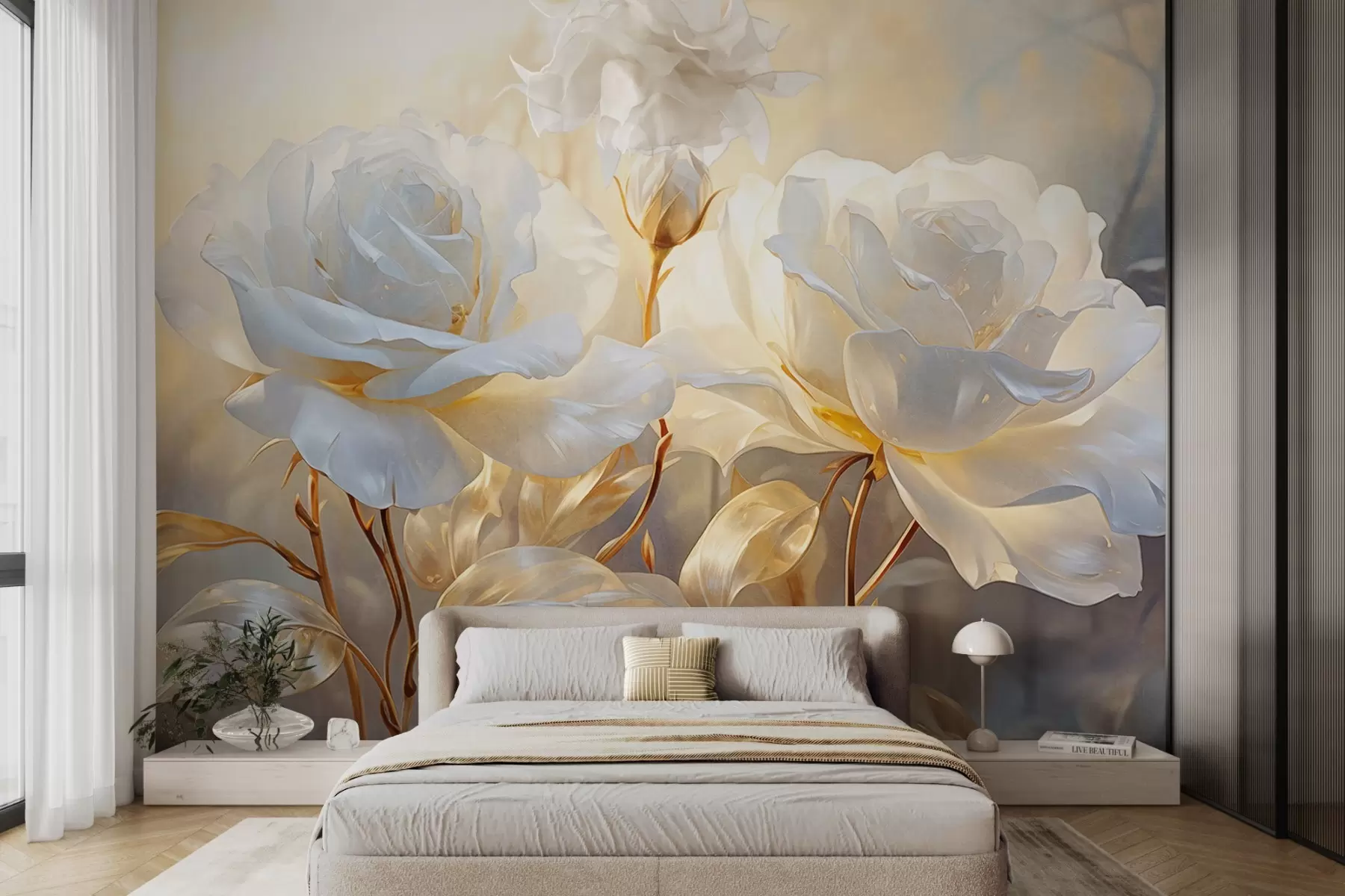 Fotobehang Witte gestructureerde rozen met gele stelen en bladeren, zachte verlichting, lichte achtergrond met onscherpe bloemvormen w09258