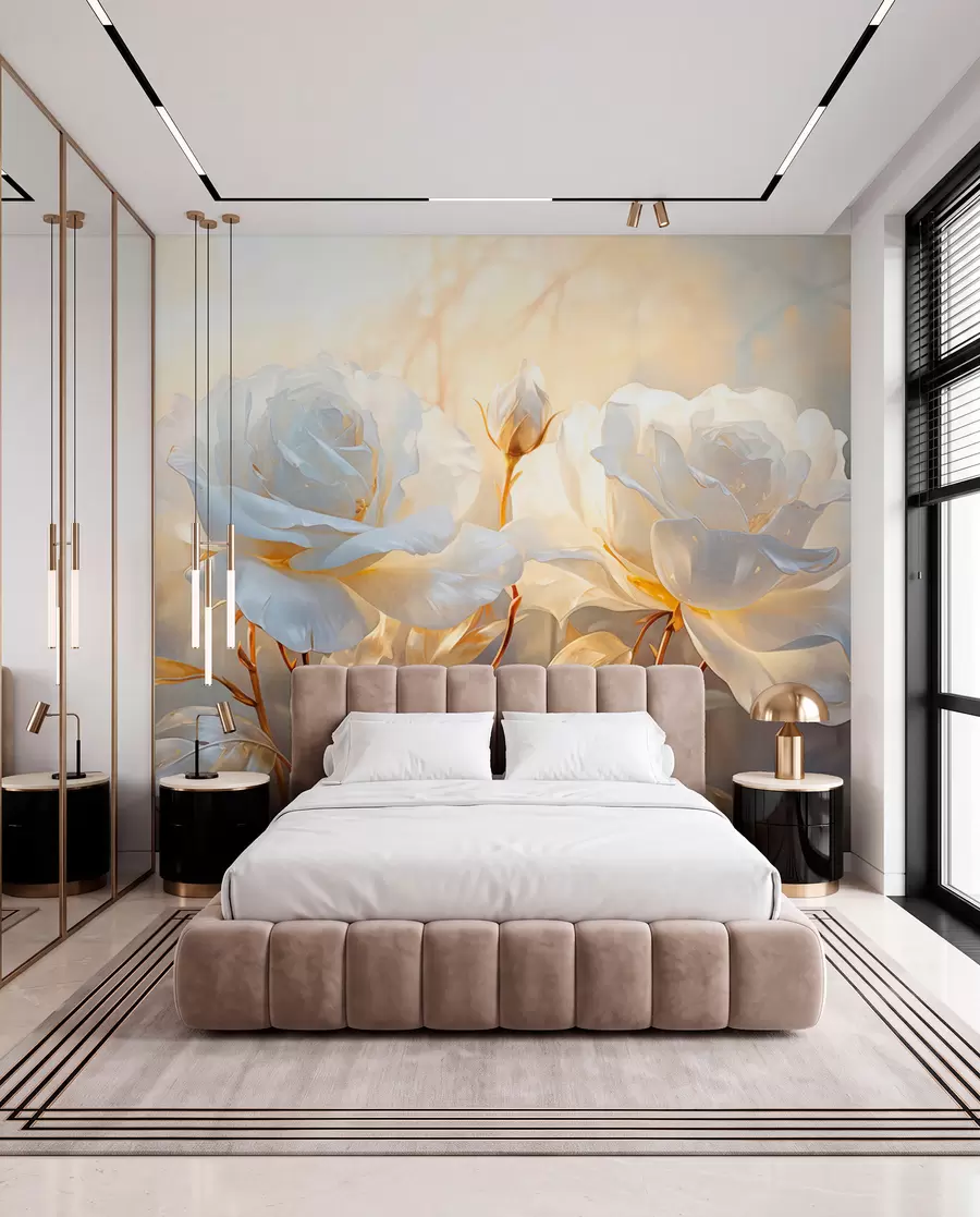 Fotobehang Witte gestructureerde rozen met gele stelen en bladeren, zachte verlichting, lichte achtergrond met onscherpe bloemvormen w09258