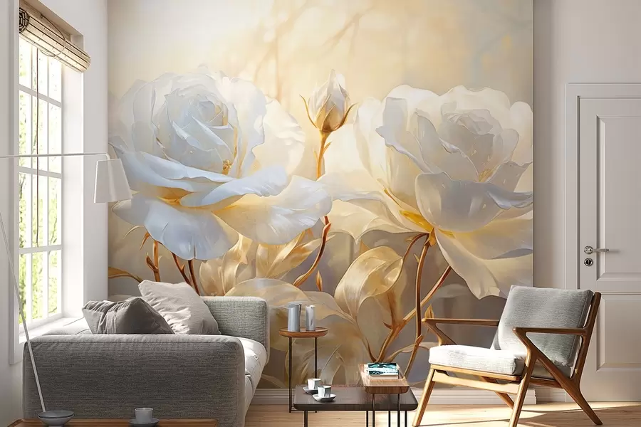 Fotobehang Witte gestructureerde rozen met gele stelen en bladeren, zachte verlichting, lichte achtergrond met onscherpe bloemvormen w09258