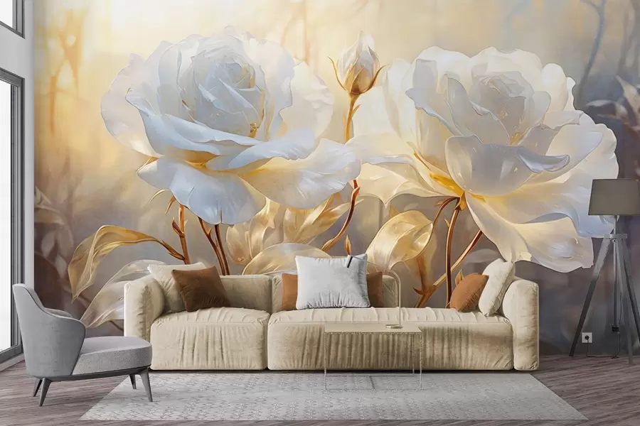 Fotobehang Witte gestructureerde rozen met gele stelen en bladeren, zachte verlichting, lichte achtergrond met onscherpe bloemvormen w09258