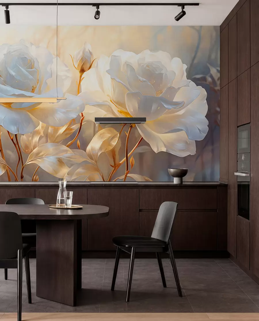 Fotobehang Witte gestructureerde rozen met gele stelen en bladeren, zachte verlichting, lichte achtergrond met onscherpe bloemvormen w09258