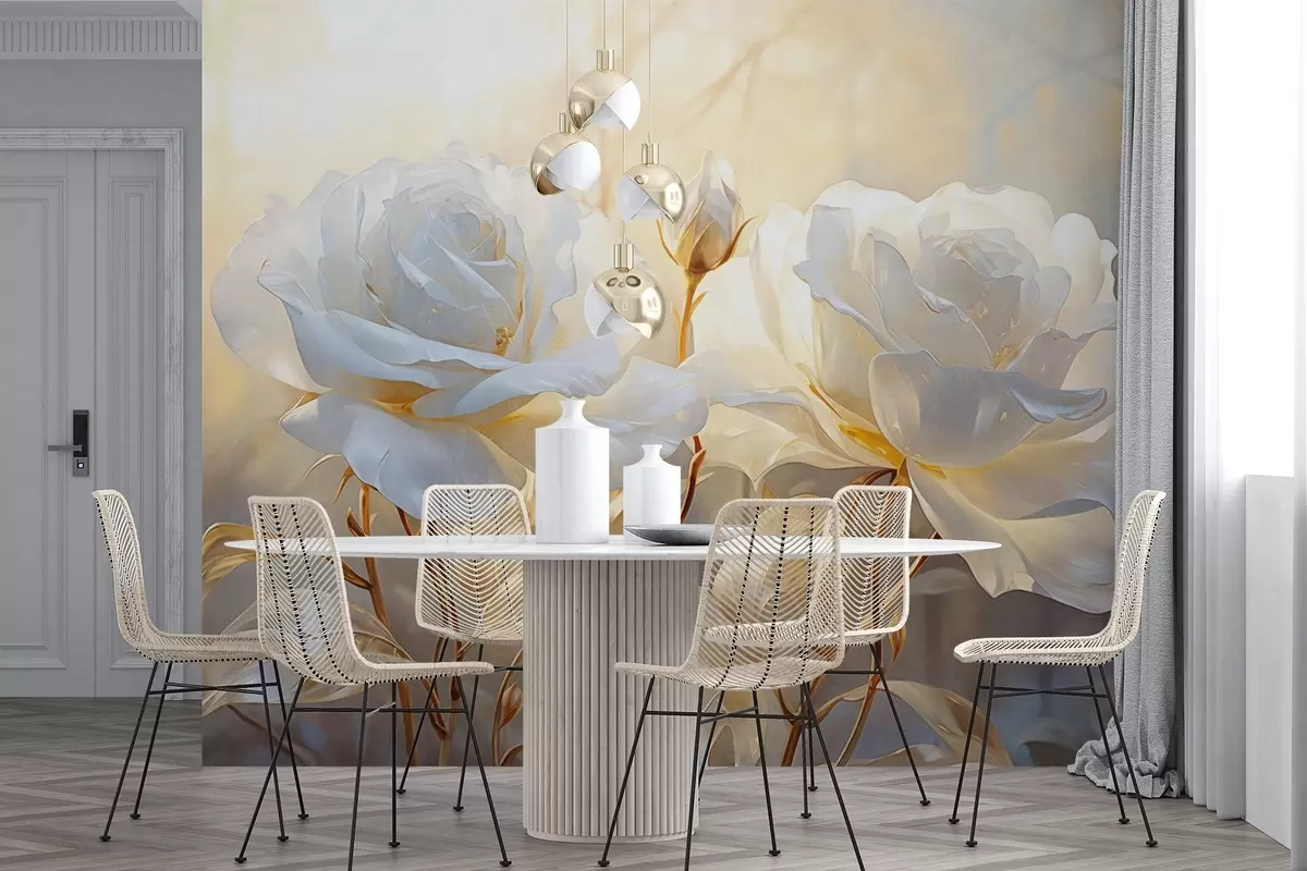 Fotobehang Witte gestructureerde rozen met gele stelen en bladeren, zachte verlichting, lichte achtergrond met onscherpe bloemvormen w09258