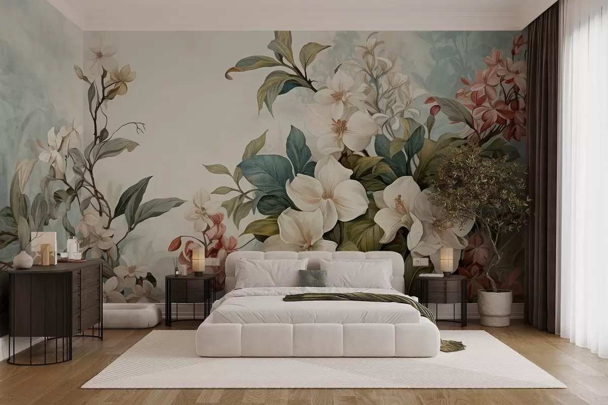 Fotobehang Gestructureerde tropische bloemen en bladeren met zachte blauwe en groene tinten, fijne penseelstreken, vintage botanische stijl w09259